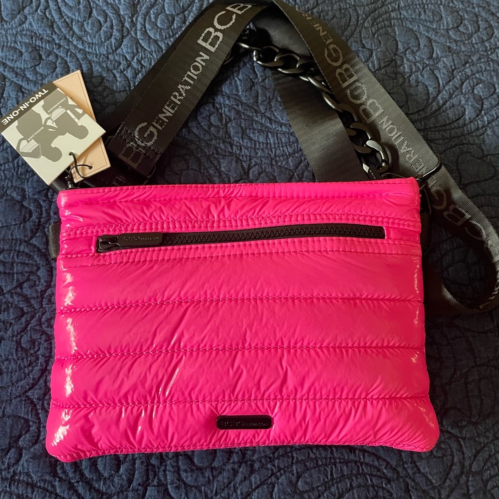 BCBG Pink 2 In 1 Nylon Handbag With Chain & Adjustable Strap Zip Top